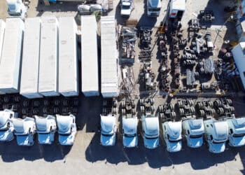 Tractor trailers parked at a truck depot along the US-Mexico border in Ciudad Juarez, Chihuahua state, Mexico, on Tuesday, Feb. 4, 2025. US President Donald Trump agreed to delay 25% tariffs against Mexico for one month after a conversation with his counterpart Claudia Sheinbaum on Monday, a dramatic turnabout with the neighboring nations on the brink of a trade war.