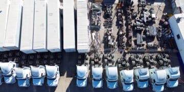 Tractor trailers parked at a truck depot along the US-Mexico border in Ciudad Juarez, Chihuahua state, Mexico, on Tuesday, Feb. 4, 2025. US President Donald Trump agreed to delay 25% tariffs against Mexico for one month after a conversation with his counterpart Claudia Sheinbaum on Monday, a dramatic turnabout with the neighboring nations on the brink of a trade war.