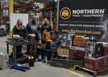 Staff from Hubbard County Developmental Achievement Center receive donations from Northern Tool + Equipment