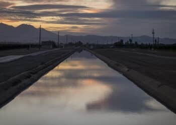 Reflections on the water of the Main Canal in California. TAB