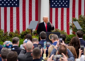 President Donald Trump speaks during a tariff announcement in the Rose Garden of the White House on April 2.
