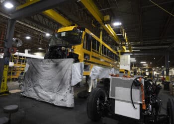 The Lion C electric school bus is assembled at the Lion Electric assembly plant in Saint-Jerome, Quebec, Canada, on Thursday, Oct. 13, 2022. Lion Electric Co. designs, develops, manufactures, and distributes purpose-built all-electric medium and heavy-duty urban vehicles, including seven mid range truck and bus models.