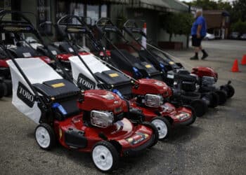 Toro Co. lawnmowers containing Briggs & Stratton Corp. motors are displayed for sale at The Mower Shop in Louisville, Kentucky, U.S., on Tuesday, July 21, 2020. Briggs & Stratton can initially borrow as much as $178 million under its proposed bankruptcy loan, but a judge denied a request to seal the letter outlining JPMorgan Chase & Co.'s fees for arranging the financing.