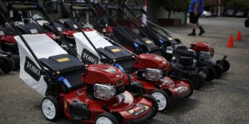Toro Co. lawnmowers containing Briggs & Stratton Corp. motors are displayed for sale at The Mower Shop in Louisville, Kentucky, U.S., on Tuesday, July 21, 2020. Briggs & Stratton can initially borrow as much as $178 million under its proposed bankruptcy loan, but a judge denied a request to seal the letter outlining JPMorgan Chase & Co.'s fees for arranging the financing.