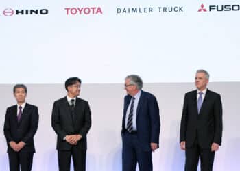 Satoshi Ogiso, chief executive officer of Hino Motors Ltd., from left, Koji Sato, president of Toyota Motor Corp., Martin Daum, chief executive officer of Daimler Trucks AG, and Karl Deppen, chief executive officer of Mitsubishi Fuso Truck & Bus Corp., attend a news conference in Tokyo, Japan, on Tuesday, May 30, 2023. Toyota Motor and Daimler Truck have agreed to merge their truck manufacturing subsidiaries, Hino Motors and Mitsubishi Fuso Truck & Bus, to boost margins and develop new technologies such as alternative fuels and autonomous driving.