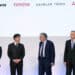 Satoshi Ogiso, chief executive officer of Hino Motors Ltd., from left, Koji Sato, president of Toyota Motor Corp., Martin Daum, chief executive officer of Daimler Trucks AG, and Karl Deppen, chief executive officer of Mitsubishi Fuso Truck & Bus Corp., attend a news conference in Tokyo, Japan, on Tuesday, May 30, 2023. Toyota Motor and Daimler Truck have agreed to merge their truck manufacturing subsidiaries, Hino Motors and Mitsubishi Fuso Truck & Bus, to boost margins and develop new technologies such as alternative fuels and autonomous driving.