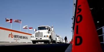 A Kenworth commercial truck is offered during a Ritchie Bros. Auctioneers Inc. industrial equipment auction in Dunnigan, California, U.S., on Thursday, May 20, 2010. More than 1,400 lots were offered during the multi-million dollar unreserved public auction through Ritchie Bros., the world's biggest auctioneer of industrial equipment.