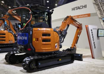 A Hitachi ZX55U-6EB electric compact excavator during the ConExpo-Con/Agg tradeshow in Las Vegas, Nevada, US, on Wednesday, March 15, 2023. As electric SUVs and sedans roll onto American highways, diesel still reigns supreme on US construction sites. But walk around the industrys largest trade conference in Last Vegas this week, and the first signs of battery power have finally arrived.