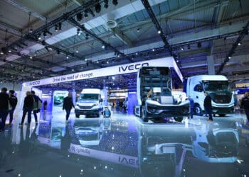 Trucks on the Iveco Group NV booth at the IAA Transportation fair in Hannover, Germany, on Monday, Sept. 16, 2024. The commercial vehicle exhibition runs until Sept. 22.