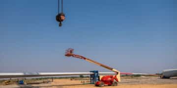 Heavy equipment at the Adani Green Energy Ltd. renewable energy park in Khavda, Gujarat, India, on Monday, Oct. 30, 2023. India plans to install 30 gigawatts of wind and solar capacity to benefit from the renewable park in Khavda. 