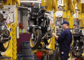 Workers assemble motorcycles in Berlin, Germany.
