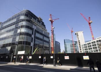 Construction site of the Evergo Tower development site, previously known as River Court, on Fleet Street in London, UK, on Thursday, April 20, 2023. HSBC Holdings Plc has been presented with a shortlist of possible alternatives to its Canary Wharf skyscraper, including the former Fleet Street home of Goldman Sachs Group Inc.