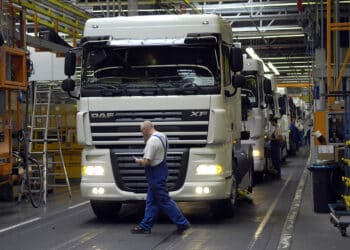 A worker monitors production at the DAF Trucks NV factory in Eindhoven, The Netherlands, on Friday, May 25, 2007. DAF Trucks NV, the Dutch division of U.S. truckmaker Paccar Inc., plans next month to increase daily production at its main plant by about 5 percent to 192 vehicles as European freight transport booms.