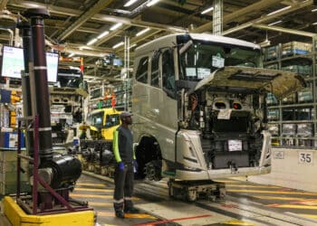 The assembly line at the Volvo AB Trucks Tuve plant in Gothenburg, Sweden.