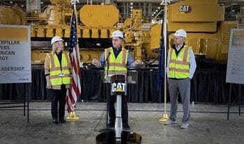 Indiana Governor Mike Braun speaks during a tour of Caterpillar’s large engine facility in Lafayette, Indiana. He was joined by Caterpillar’s Energy & Transportation Group President Jason Kaiser and Chief Human Resources Officer Christy Pambianchi.