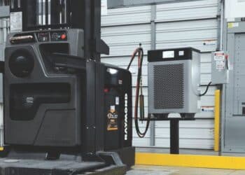 Raymond Lithium Ion Powered High Capacity Orderpicker connected to ACT charging technology.