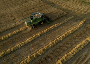 A Deere & Co. combine harvester is used to harvest soft red winter wheat in this aerial photograph taken over Kirkland, Illinois, U.S., on Friday, July 17, 2020. U.S. winter wheat production is forecast at 1.22 billion bushels, down 4% from the June 1 forecast and 7% below 2019.