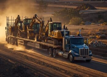 a photo of a truck hauling construction equipment