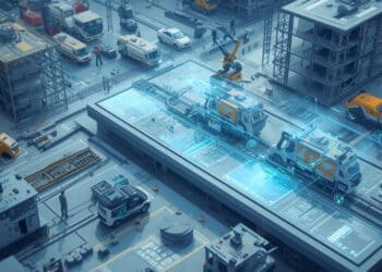 A stylized, futuristic AI interface overseeing a bustling construction site, with holographic blueprints and data streams overlaid on real-world construction activities. The scene depicts advanced robotics and autonomous vehicles working in tandem with human engineers, rendered in a sleek, digital art style with a color palette of cool blues, grays, and vibrant oranges for emphasis.
