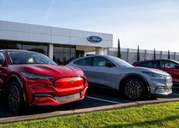 Ford EV vehicles at a Ford dealership in Richmond, California.