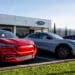 Ford EV vehicles at a Ford dealership in Richmond, California.