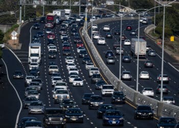 Traffic on Interstate 80 in San Pablo, California, US, on Wednesday, Nov. 26, 2025. AAA projects 81.8 million travelers will head 50 miles or more from home over the Thanksgiving holiday travel period.