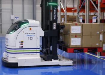 Mitsubishi Logisnext Co.'s Rack Fork Auto uncrewed automated forklift during a demonstration at the Nippon Express Co. NX Auto Logistics Facility in Tokyo, Japan, on Thursday, Nov. 28, 2024. Nippon Express is Japans second-largest parcel company.