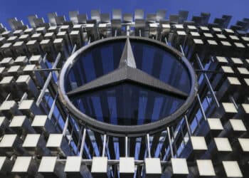 A Mercedes-Benz Group logo at the Daimler public ahead of the IAA Mobility 2025 expo in Munich, Germany, on Sunday, Sept. 7, 2025. The Munich car show is taking place as trade tensions linger with Beijing following the European Unions decision last year to impose tariffs on EVs imported from China.