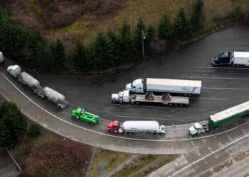 Tractor trailers entering Canada.