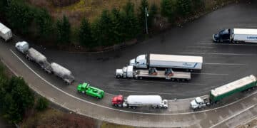 Tractor trailers entering Canada.