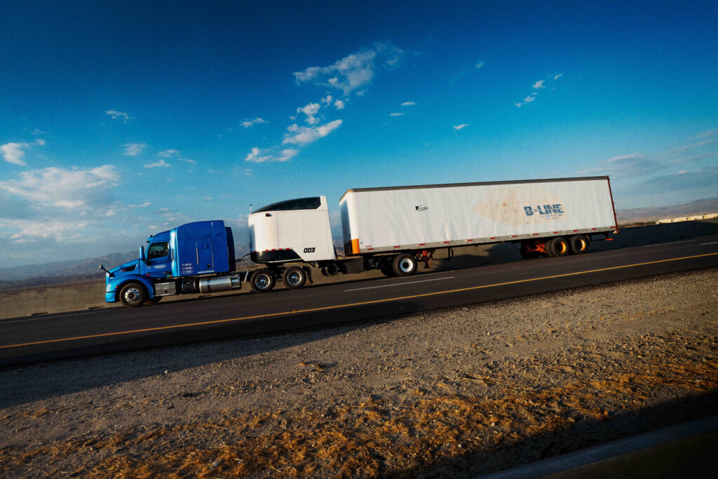 A truck fitted with a Revoy plug-in device travels in Indio, California.